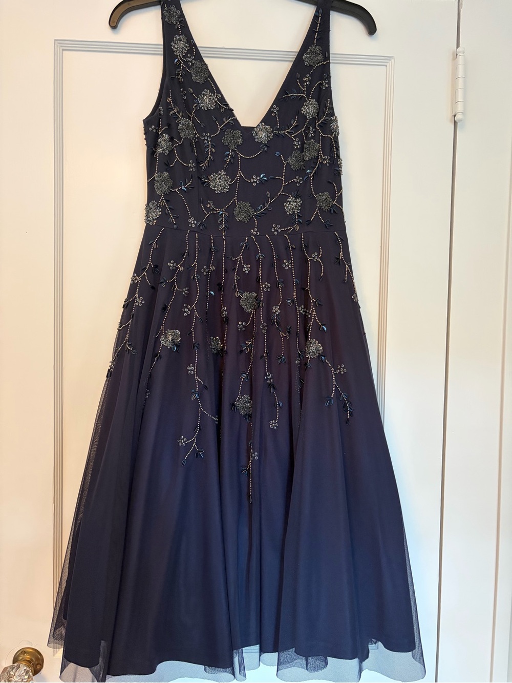 Adrianna Papell Navy Beaded Floral V-Neck A-Line Dress